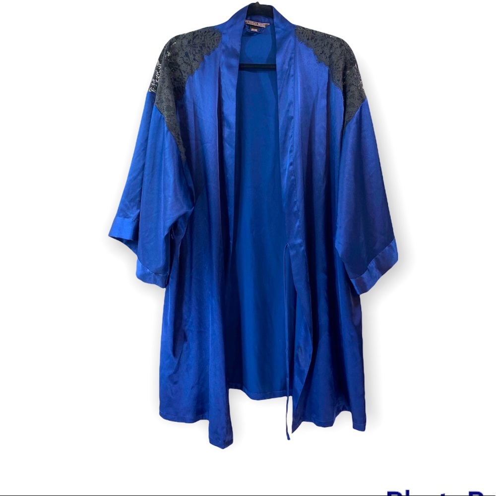 Victoria's Secret Y2K Navy Blue Lace Shoulder Robe Satin Sleepwear Size M/L